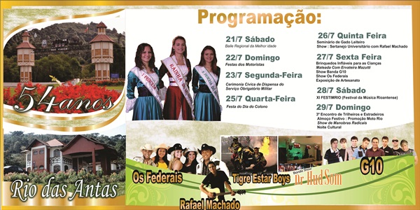 Confira a programa&ccedil;&atilde;o da festa dos 54 anos de Rio das Antas